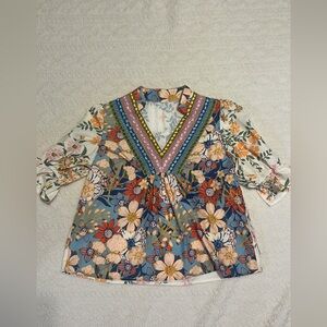 Floral V-Neck Blouse with Multicolor Design